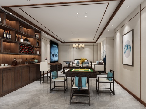  新中式包间棋牌室3d模型 