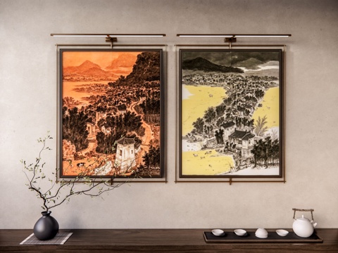  新中式山水画 禅意挂画 茶室挂画 挂画组合 山水画 挂画su模型 