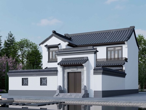  中式独栋别墅 带院子 双层 斜顶3d模型 