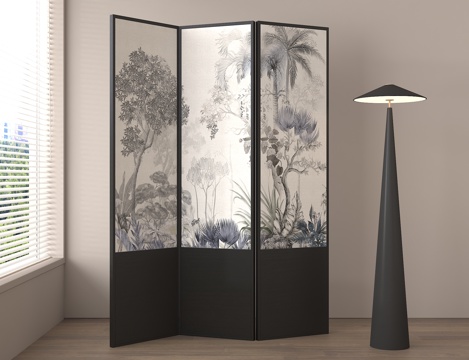  水墨画屏风 折叠屏风 中式隔断su模型 