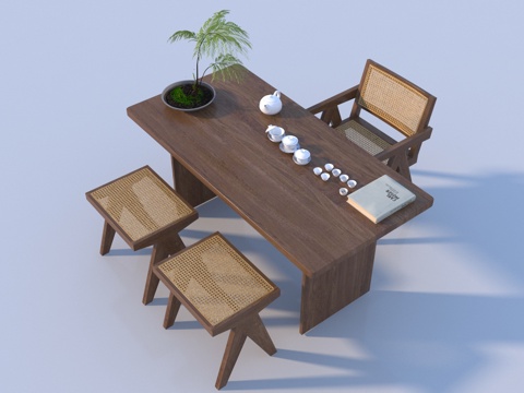  新中式实木茶桌椅组合3d模型 