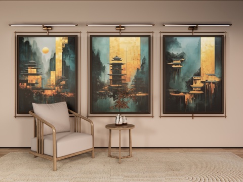  新中式山水画 禅意挂画 茶室挂画 挂画组合 山水画 挂画su模型 