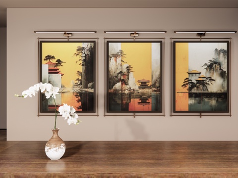  新中式山水画 禅意挂画 茶室挂画 挂画组合 山水画 挂画su模型 