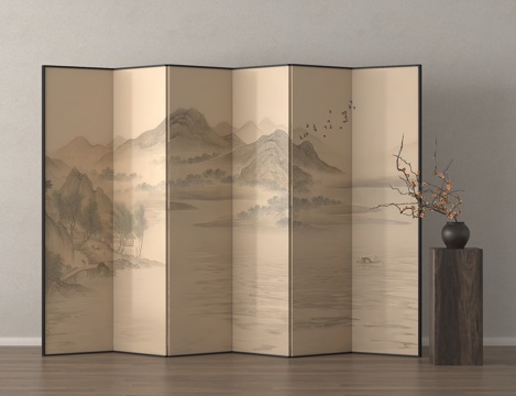  山水画屏风 隔断 折叠屏风3d模型 