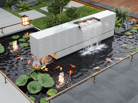  现代庭院景观 居家庭院 庭院水景 叠水 鱼池su模型 