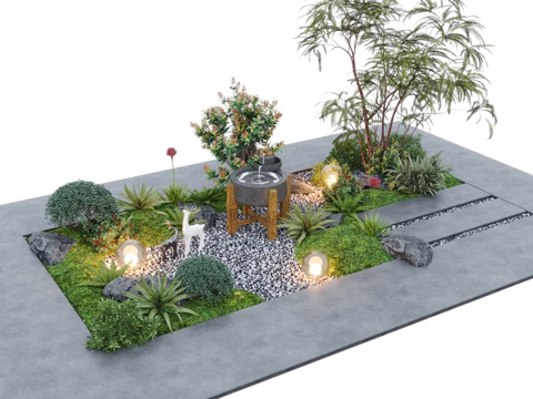  现代庭院景观小品 景观植物 苔藓植物 户外灯 水钵su模型 
