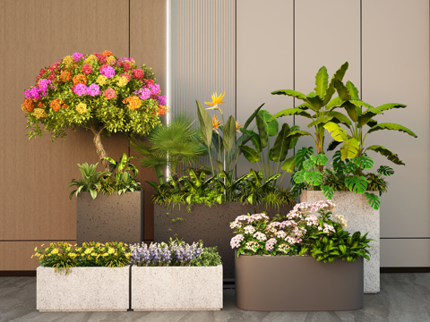  现代绿植盆栽组合 花箱盆景植物   植物堆 花箱花坛su模型 