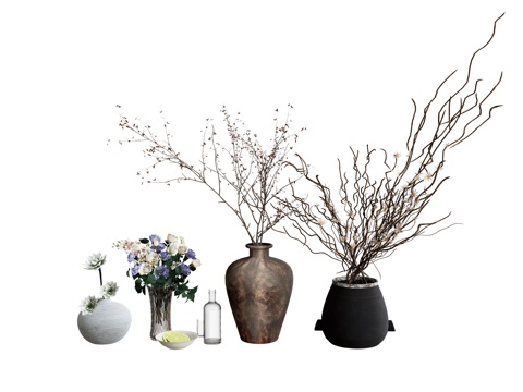  花瓶植物摆件枯枝   盆景su模型 
