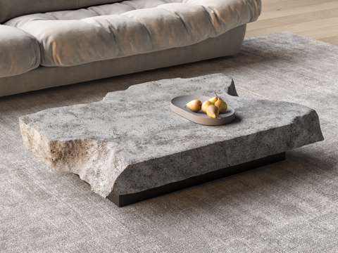 侘寂石头茶几 中古岩石茶几 不规则长方形茶几su模型