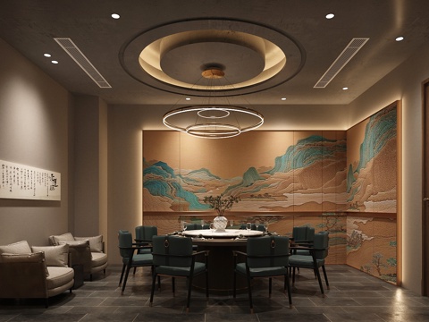  新中式餐厅包房 包厢 圆桌餐厅3d模型 
