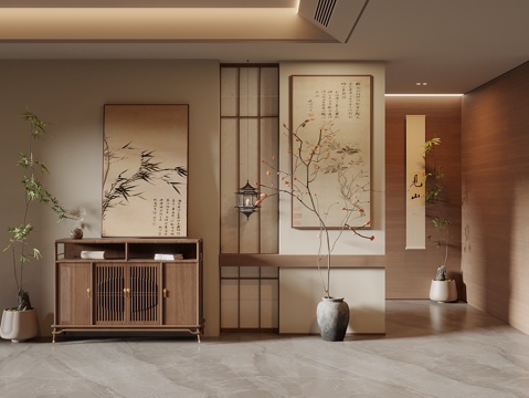  宋式中古风玄关 端景台 宋式风挂画 玄关柜 玄关摆件 绿植3d模型 