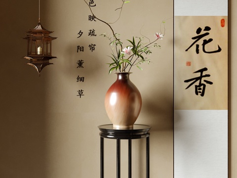  新中式花瓶花艺 插花花艺 挂画3d模型 