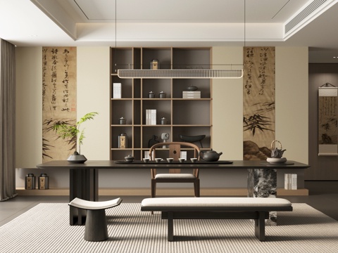  新中式茶室 会所茶室 实木茶柜 茶具 茶桌椅组合su模型 