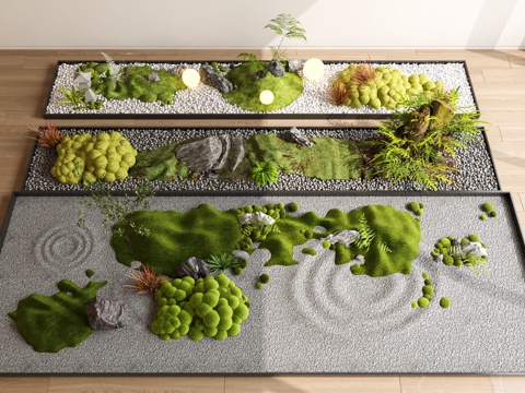  现代苔藓造景 落地植物景观 苔藓盆栽 花坛 室内景观 石子3d模型 