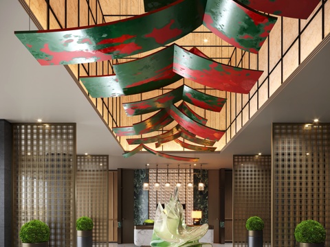  现代酒店大厅 大厅前台 大厅装置 装饰灯 苔藓盆栽3d模型 