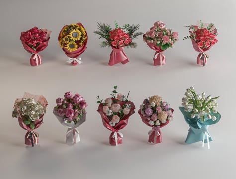  现代简约花艺 花束 婚礼手捧 玫瑰手捧花 鲜花花艺3d模型 