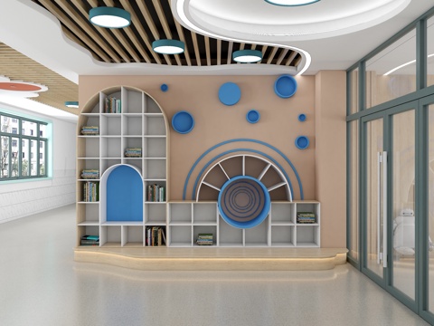  现代幼儿园大厅 幼儿园走廊背景墙 学校图书角 装饰树书架3d模型 