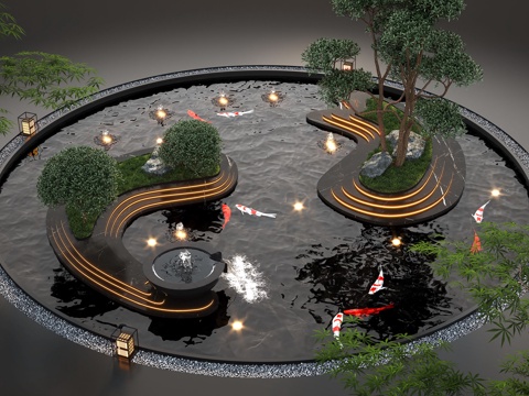 现代水景观 庭院水景 水钵叠水 跌水 鱼池鱼池3d模型 