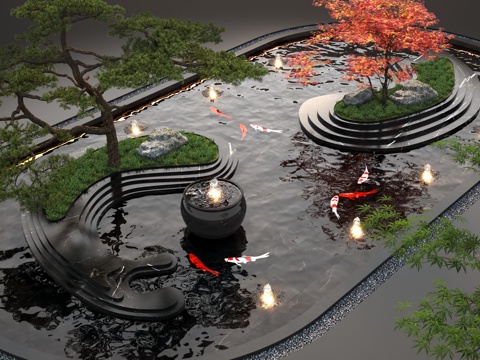  现代水景观 庭院水景 水钵叠水 跌水 鱼池鱼池su模型 