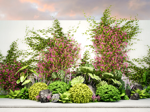  植物花境 花草组合 灌木球 女贞球 热带棕榈绿植堆su模型 