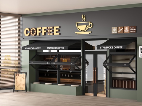  现代咖啡店门头 门头门面 玻璃门 折叠窗 遮阳棚 店招灯牌su模型 