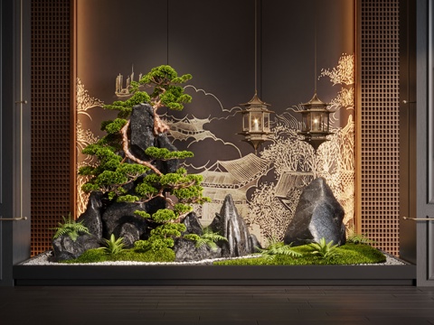  新中式天井庭院景观 景观造景 景观石 苔藓景观  天井景观su模型 