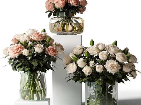  现代花瓶花艺 玫瑰花3d模型 