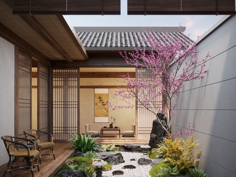  新中式天井庭院景观 景观造景 景观石 苔藓景观 景观小品 天3d模型 