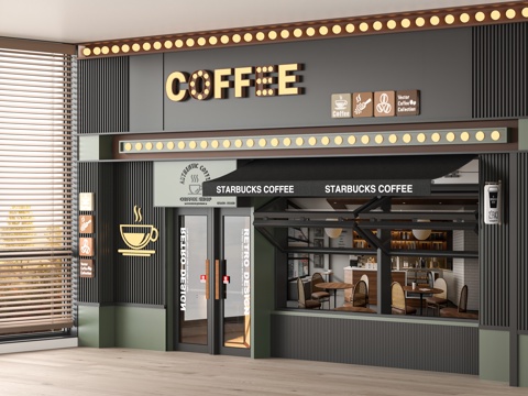  现代咖啡店门头 门头门面 玻璃门 折叠窗 遮阳棚 店招灯牌su模型 