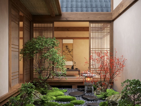  新中式天井庭院景观 景观造景 景观石 苔藓景观  天井景观su模型 