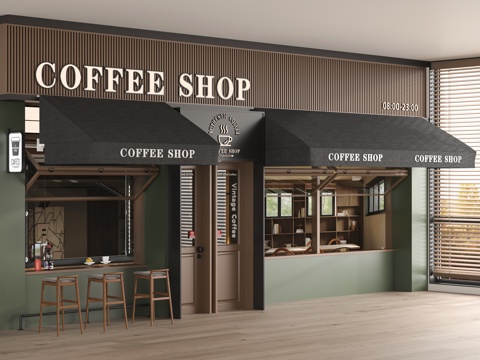  现代咖啡店门头 门头门面 玻璃门 折叠窗 遮阳棚 店招灯牌su模型 