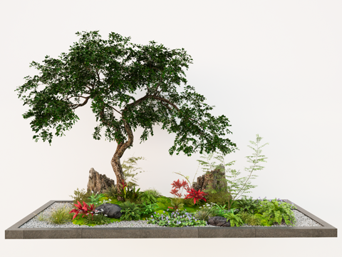  庭院微地形 植物景观造景 苔藓 庭院小品 景观石头 蕨类植物su模型 