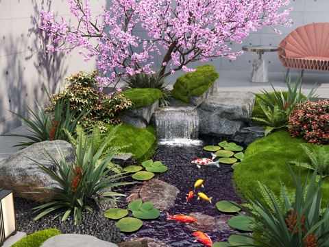  现代庭院景观小品 水景观 叠水 景观植物 鱼池3d模型 