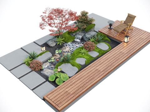  现代庭院景观小品 水景观 叠水 景观植物 鱼池su模型 