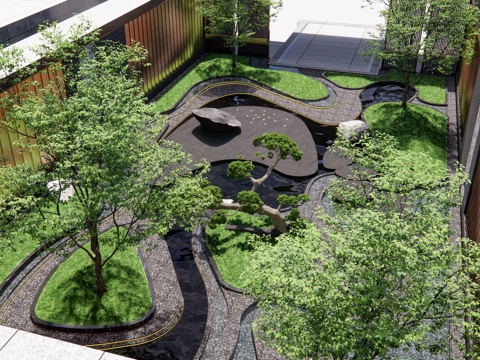  现代售楼庭院 庭院花园 弧形曲线水景庭院花园  庭院绿植su模型 