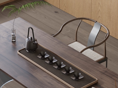  新中式中式茶具 茶桌椅组合 盆栽 茶壶 茶几 烧水壶 公道杯3d模型 