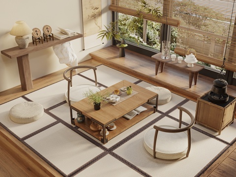  宋式新中風(fēng)茶室 榻榻米茶室 茶桌椅組合 蒲團(tuán) 茶具組合 盆景3d模型 