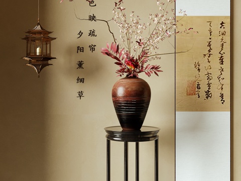  新中式花瓶花艺 挂画 插花花艺3d模型 
