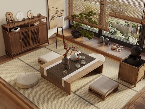  宋式新中風(fēng)茶室 榻榻米茶室 茶桌椅組合 蒲團(tuán) 茶具組合 盆景3d模型 
