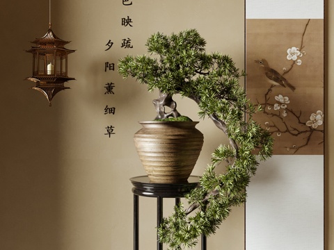  新中式盆栽盆景 挂画 植物摆件su模型 