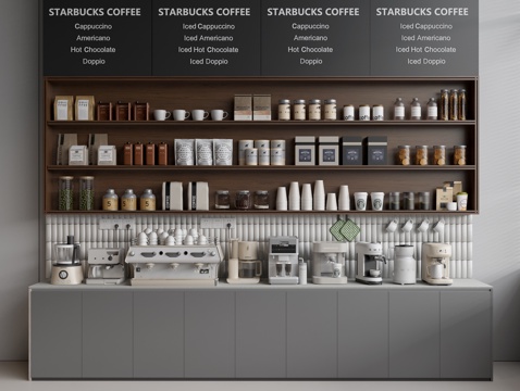  厨房用品 咖啡机 磨豆机 咖啡豆 咖啡杯 咖啡店吧台操作台3d模型 