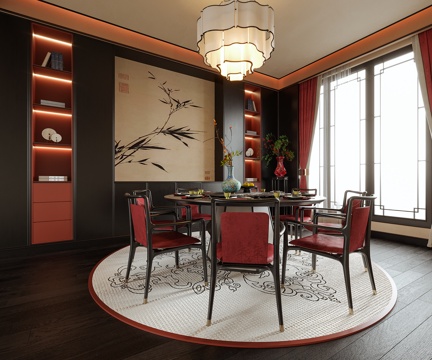  新中式餐厅 餐桌椅 新中式吊灯su模型 