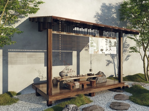  新中式禅意庭院小品_中式庭院_围炉煮茶_户外茶室3d模型 