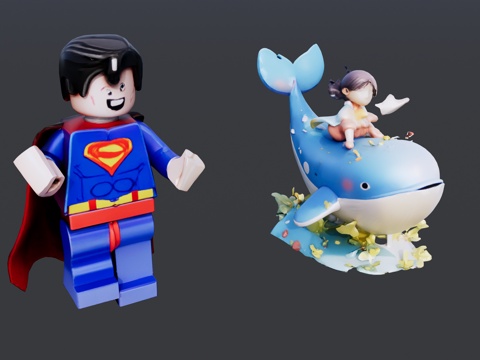  乐高和鲸鱼玩具摆件组合su模型 