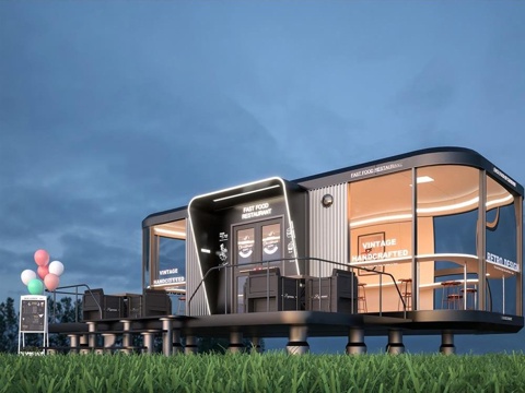  现代咖啡厅餐饮建筑 模块外观 临时活动用房su模型 