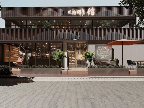  现代简约咖啡馆 门头建筑su模型 