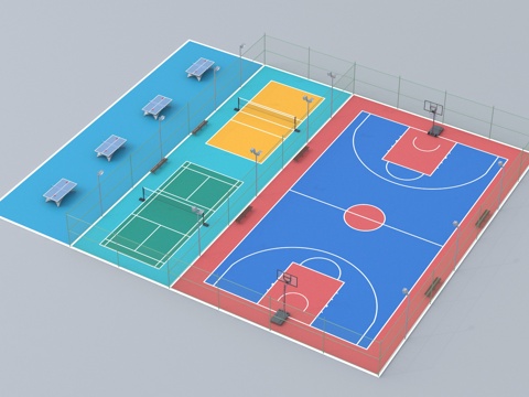  篮球场 羽毛球场 乒乓球桌  体育场管3d模型 