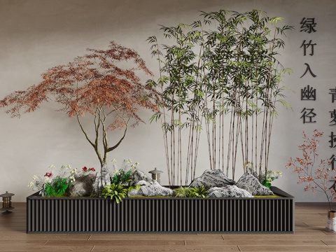  现代宋式景观植物 户外花箱 植物堆 红枫 竹子3d模型 