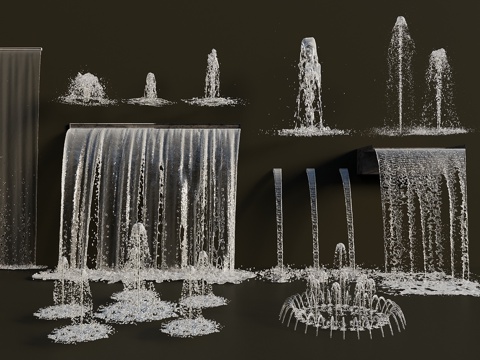  现代喷泉水景 旱喷 涌泉 水柱水花 跌水 商业景观互动水景3d模型 