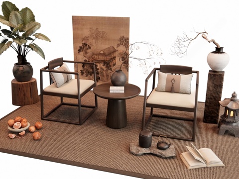  新中式休闲椅 中古风休闲椅 太师椅 休闲桌椅 摆件 装饰品3d模型 